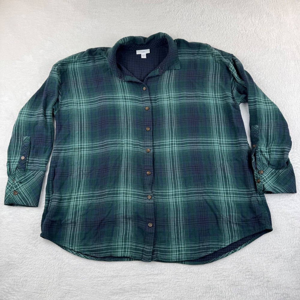J.Jill Button Down Shirt Womens L Petite Green Plaid Long Sleeve Rayon Relaxed